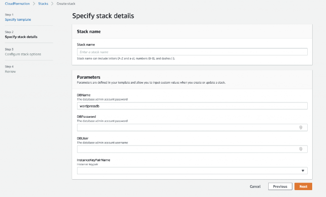 Fill in the Stack details