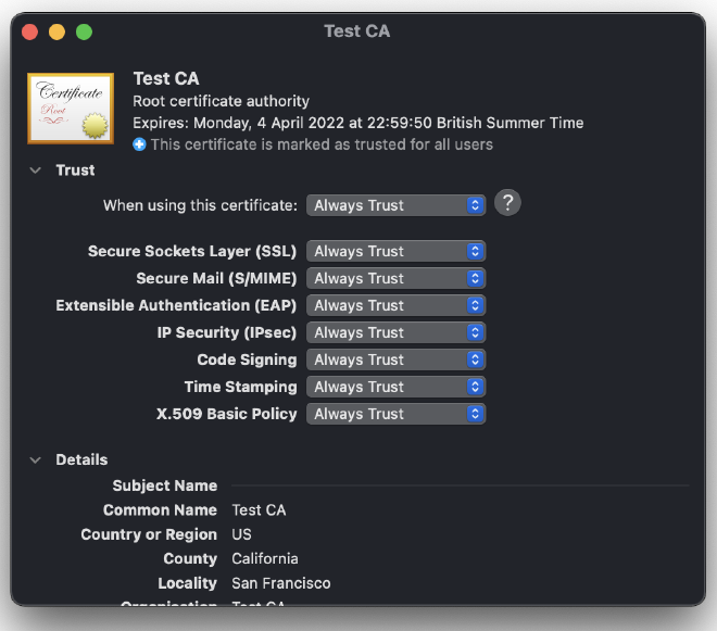 Keychain Cert Trusted details